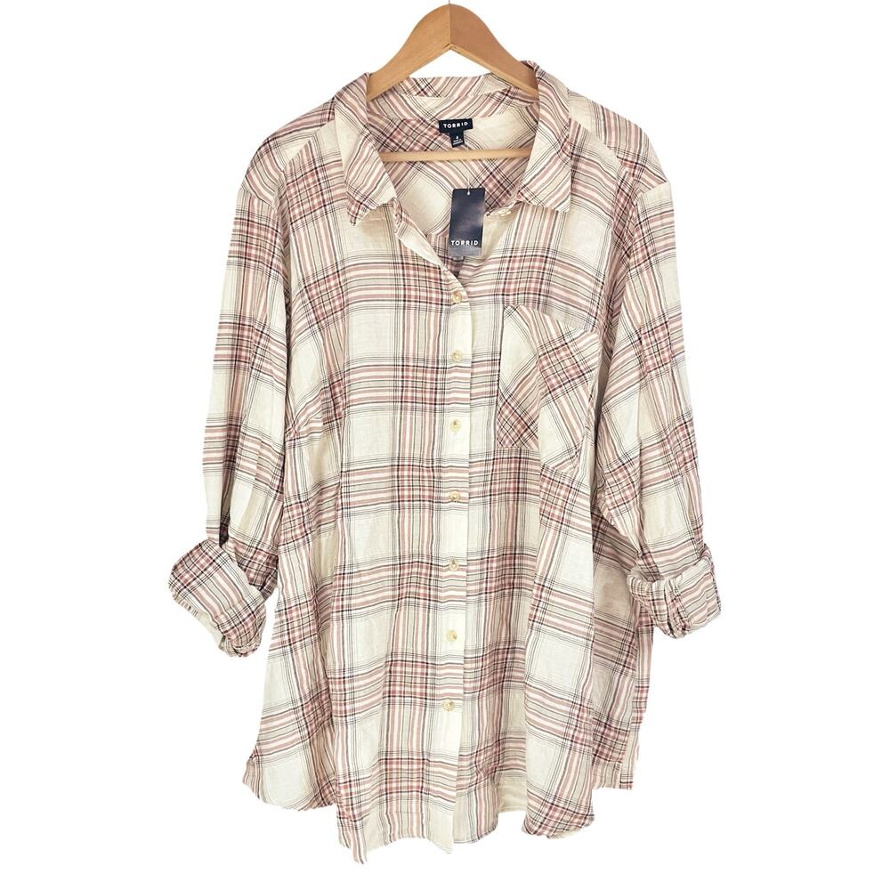 TORRID NWT Lizzie Crinkle Cotton Button-Up Shirt Elle Plaids Whisper White Sz 4X